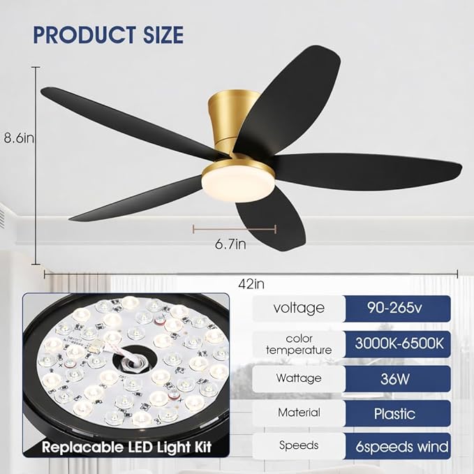Surtime 42" Ceiling Fans with Lights-Low Profile Ceiling Fan with Light and Remote/APP Control,Flush Mount Gold Ceiling Fan with Reversible Black Blades