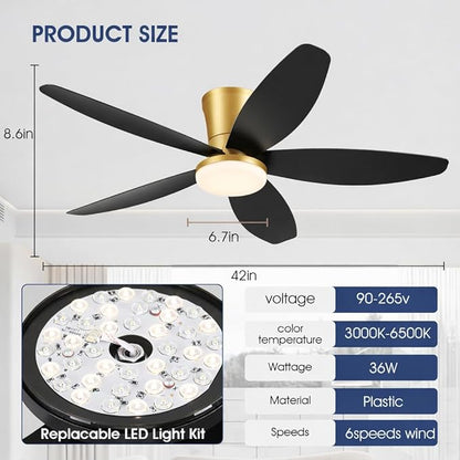 Surtime 42" Ceiling Fans with Lights-Low Profile Ceiling Fan with Light and Remote/APP Control,Flush Mount Gold Ceiling Fan with Reversible Black Blades