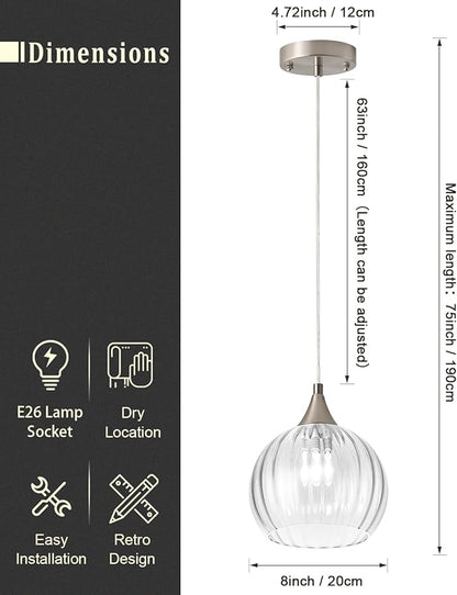 Brushed Nickel Pendant Lights Kitchen Island, Globe Pendant Light Fixtures with 8 Inch Clear Glass Shade, Modern Hanging Light Fixtures for Kitchen, Bedroom (1 Pack - Clear Glass Pendant Light)