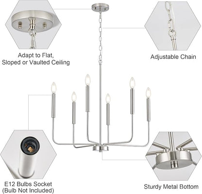 Modern Brushed Nickel Chandelier for Dining Room, Metal 6-Light Kitchen Light Fixtures, Farmhouse Candle Hanging Pendant Light for Living Room Entryway Foyer Bedroom (Bulbs Not Included)