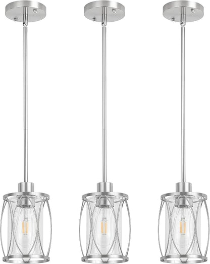 Glass Pendant Lights Kitchen Island Brushed Nickel Pendant Light Fixtures Adjustable Farmhouse Mini Hanging Light with Clear Glass for Sink Dining Room Foyer Entryway Bar, 3 Pack