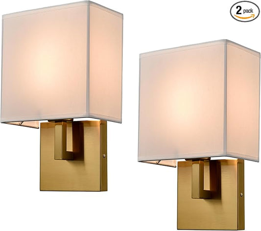 YUBOLE Gold Wall Sconces Mid Century Wall Light with Linen Shade Set of 2 Lamps Wall Mounted for Bedroom Stairway Indoor or Hotel-Hardwired