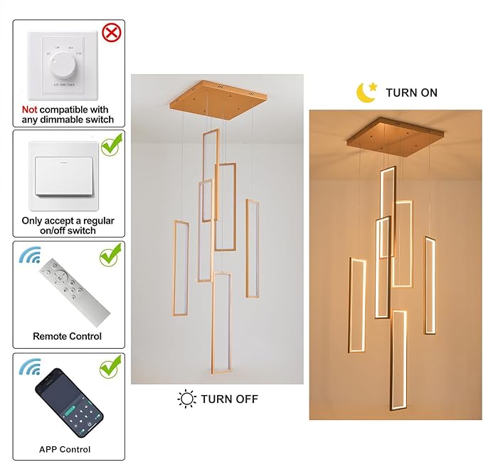 GEADI Modern Led Chandelier with Remote, Foyer Chandeleirs for High Ceilings, Dimmable Large Chandelier Staircase Pendant Light Fixture for Entryway Living Room(6 Lights,3000-6500K)