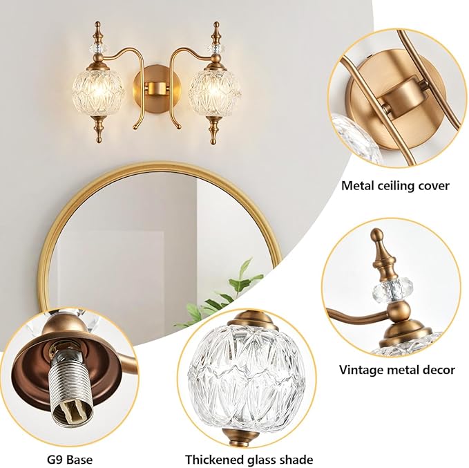 2-Light Vintage Crystal Bathroom Wall Sconces, Matte Brushed Antique Brass Finish Retro Wall Sconce Light with Crystal Glass Shade for Bathroom