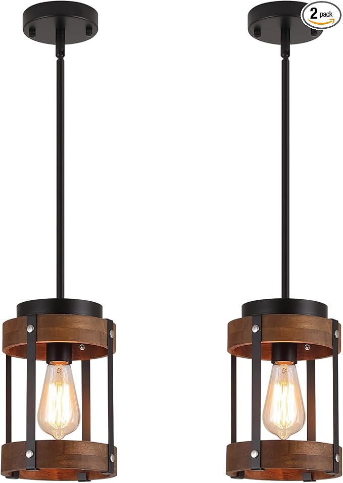 2 Pack Rustic Farmhouse Wood Pendant Light Fixture One-Light Adjustable Rods Oak Wood and Metal Drum Cage Small Pendant Lighting for Kitchen Island Sink Hallway Bathroom Bar Farmhouse, Black