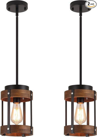 2 Pack Rustic Farmhouse Wood Pendant Light Fixture One-Light Adjustable Rods Oak Wood and Metal Drum Cage Small Pendant Lighting for Kitchen Island Sink Hallway Bathroom Bar Farmhouse, Black