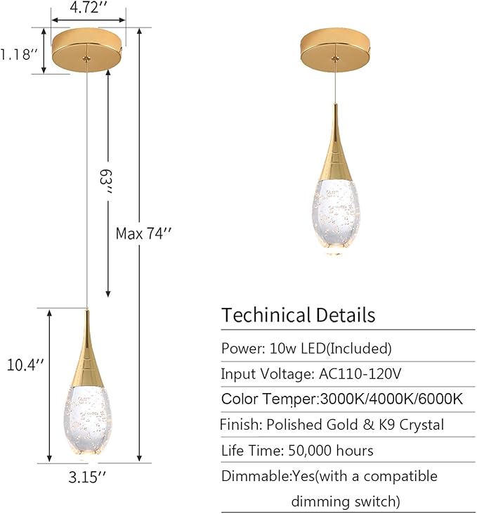 JoollySun Mini Crystal Pendant Light: 1-Light Teardrop Dimmable 3-Color LED Pendant for Kitchen Island Bathroom - Polished Gold