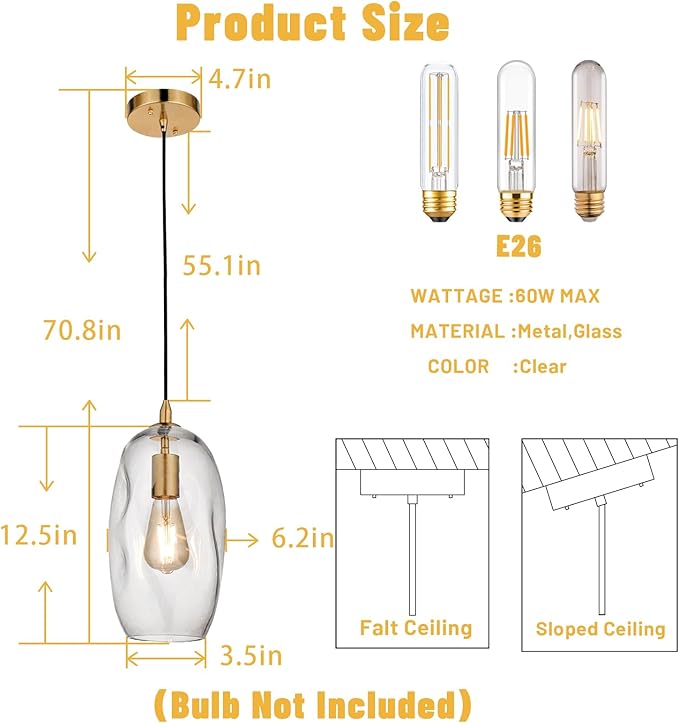 Gold Pendant Light Fixtures Adjustable Modern Kitchen Island Lighting Glass Organic Ceiling Hanging Light Fixtures for Bar, Counter, Patio, Over Sink, Dining Room,Table 12.5'' Height - Transparent