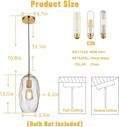 Gold Pendant Light Fixtures Adjustable Modern Kitchen Island Lighting Glass Organic Ceiling Hanging Light Fixtures for Bar, Counter, Patio, Over Sink, Dining Room,Table 12.5'' Height - Transparent