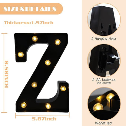 Led Marquee Letters, 8.58 Inch Black Light Up Letters, Small Led Letter Lights, Battery Powered Lighted Letterfor Table, Party, Birthday, Christmas Decor (Black, Letter Z)