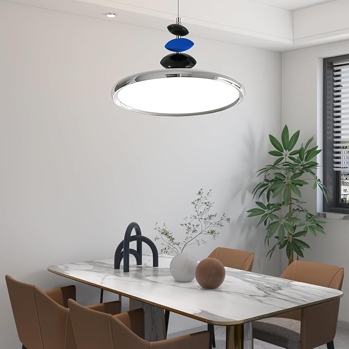 Mikeru Modern Pendant Lights, 23.6" Chrome Pendant Lighting Fixture with Remote Control Dimmable 3 Color Mode & Brightness Mid Century Island Light Fixture for Dining Room,Kitchen,Living Room