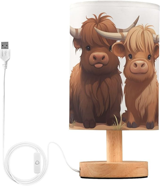 Bedside Table Lamp Fun Highland Cow Animal Nightstand Lamp with Wood Desk Lamps for Bedroom Living Room Nursery Office Home Decor