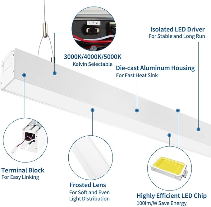 DAKASON 4FT Linkable LED Linear Light, 35W Down 15W Up Light, 3/4/5000K CCT Selectable, Commercial Linear Lighting Fixture for Office, Dimmable Suspended Lighting for School, Market, 4Pack White