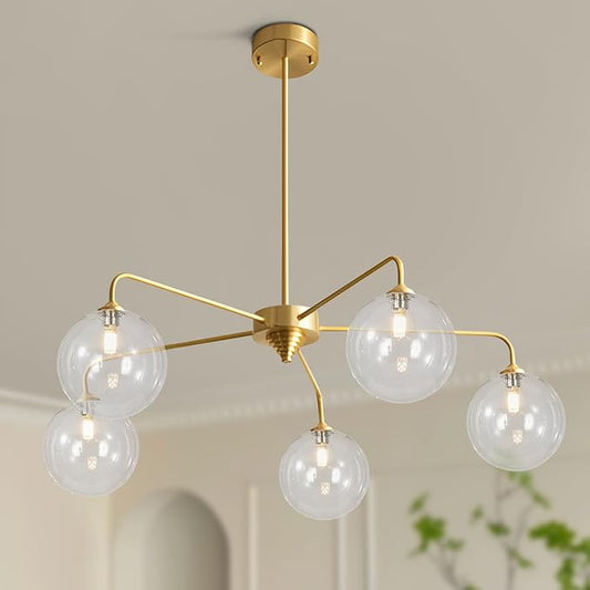 Mid Century Modern Sputnik Chandelier Brass 5 Light Gold Chandelier Clear Glass Globe Sputnik Chandelier for Dining Room Bedroom Kitchen