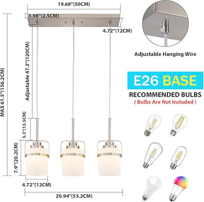 Brushed Nickel 3-Light Pendant Lighting, Adjustable Hanging Light Fixture with Milk Glass Shade, Modern Pendant Light for Kitchen Island Dining Room Bar Over Sink/Table/Counter