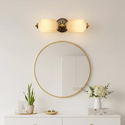 Vintage Bathroom Vanity Light - 2-Light Milk Glass Sconce with Antique Brass Finish & White Shade, Wall Sconce Lighting for Bathroom Mirror, Hallway, Living Room, Bedroom