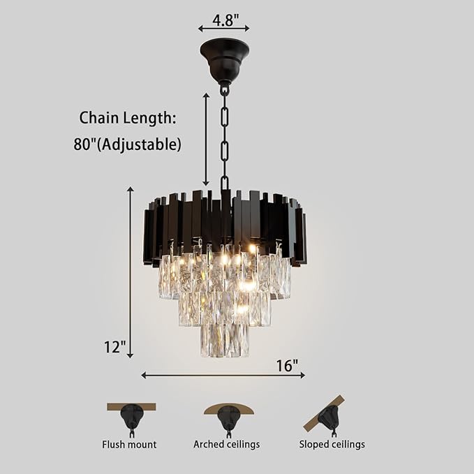 Modern Crystal Chandelier 16" Round K9 Crystal Ceiling Light Adjustable Black 3-Tier Chandelier with 5 Lights Elegant Fixture for Dining Room Living Room Foyer