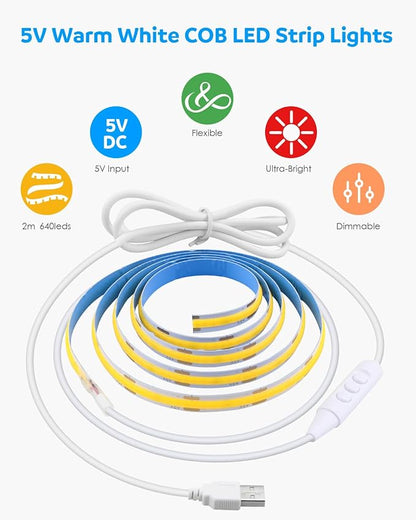 Aclorol COB LED Strip Lights USB Powered 6.56FT 640Leds Warm White 3000K TV LED Backlight 5V Dimmable COB Flexible Light with 1.5M USB Cable for Monitor Dispalay Stairs Bedroom DIY Projects CRI85+