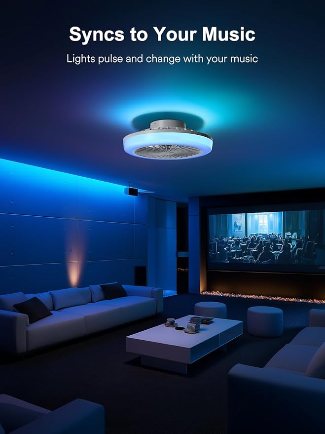 ANGELHALO Bladeless Ceiling Fan with Light,18 Inch Low Profile RGB Ceiling Fan with 2800 Lumens, Flush Mount Small Ceiling Fan for 6 Speed Quiet DC Motor for Kids Bedroom, Remote & App Control