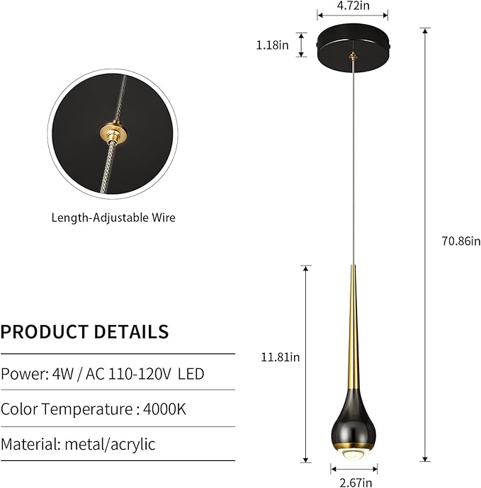 Modern LED Dimmable Pendant Light fixtures,Mini Black Gold Pendant Lighting for Kitchen Island Dinning Room,Bedroom,Bar, Kitchen Island Ceiling Hanging Light Fixtures(2-Pack)