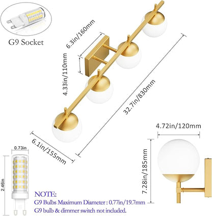 Ralbay Mid Century Gold Bathroom Vanity Lights 4-Light Gold Milky Glass Modern Bathroom Lighting Fixtures Over Mirror, Gold 4-Light (Exclude Bulb)