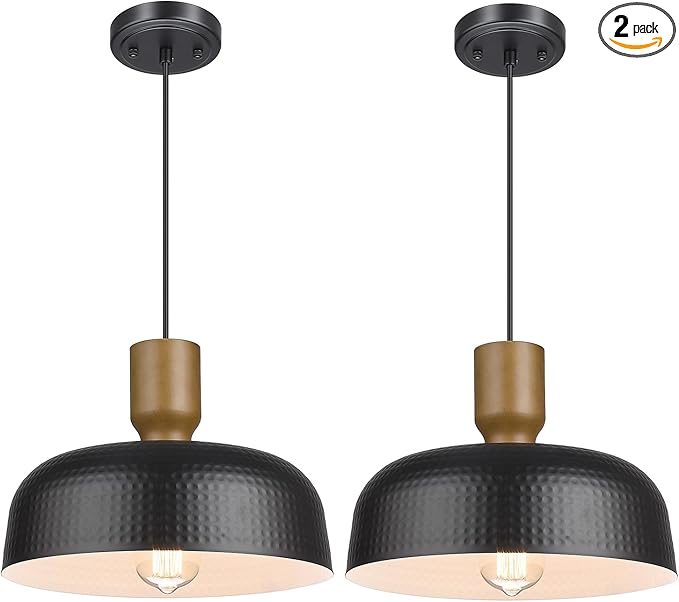 Darkaway Industrial Pendant Light Fixtures Ceiling Hanging with Hammered Metal Shade, Black Pendant Light for Kitchen Island Lighting Hanging Lamp Adjustable Height, Medium 2 Pack