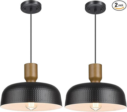 Darkaway Industrial Pendant Light Fixtures Ceiling Hanging with Hammered Metal Shade, Black Pendant Light for Kitchen Island Lighting Hanging Lamp Adjustable Height, Medium 2 Pack
