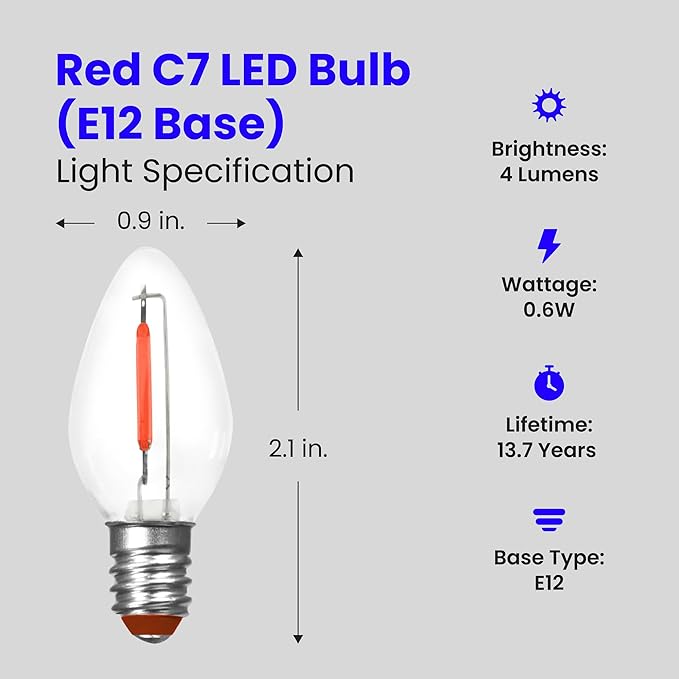 Feit Electric BPC7/R/LEDG2/2/6 0.6W 7W Equivalent Candelabra Base Christmas Holiday Decorative LED C7 Light Bulb, 2.15" H x 1" D, Red, 12 Count