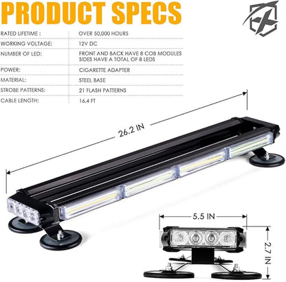 Xprite 26" COB LED Strobe Rooftop Flashing Light Bar, Double Side Hazard Warning Beacon Lights w/Magnetic Mount for Emergency Vehicles Construction Cars Trucks Traffic Security White Green