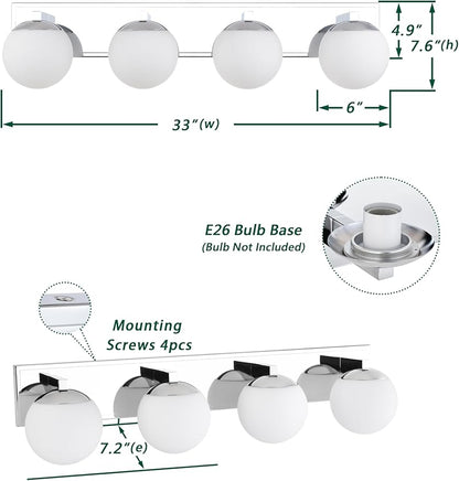 Chrome Bathroom Vanity Light Fixtures, 4-Light Globe Bathroom Vanity Light Fixtures Over Mirror, Modern Wall Lights for Living Room, Long Backplate, Standard E26 Base, Chrome
