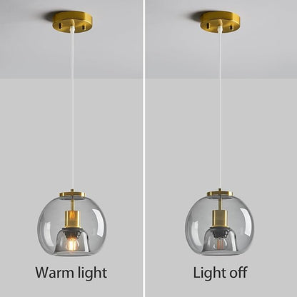 Light Grey Glass Pendant Lights Kitchen Island Gold Hanging Light Fixture Glass Globe Pendant Light Modern Pendant Lighting for Kitchen Island Bedroom Dining Room (7.87", 1 Pack)