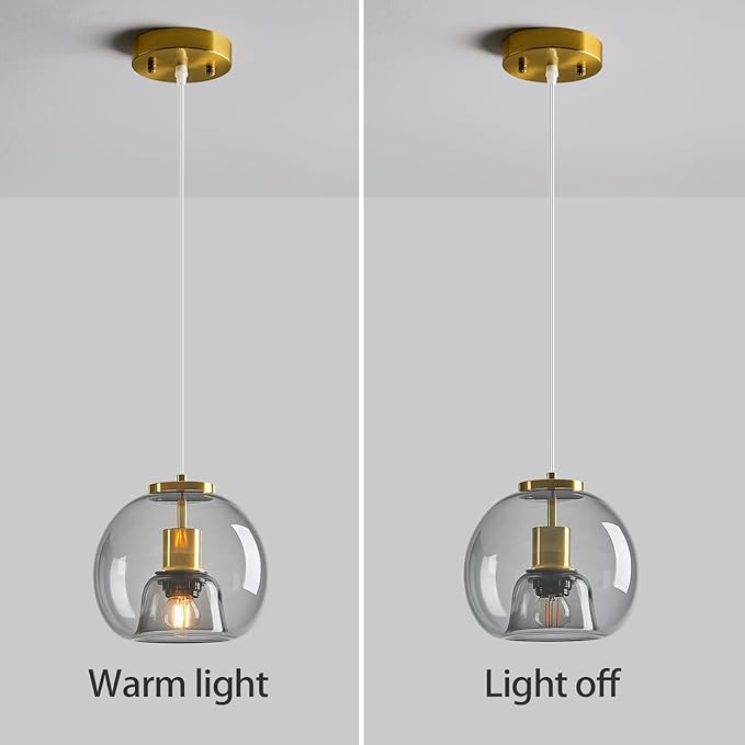 Light Grey Glass Pendant Lights Kitchen Island Gold Hanging Light Fixture Glass Globe Pendant Light Modern Pendant Lighting for Kitchen Island Bedroom Dining Room (7.87", 2 Pack)