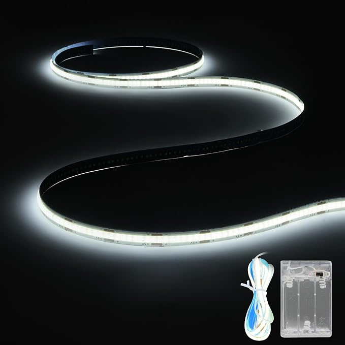 Battery Powered COB LED Strip Lights,3.28ft White LED Light Strip for Dorm Room, Under Bed, Shelves, TV Backlight, Closet, Small Cuttable Tape Lights, Small Battery Operated LED Lights for TV