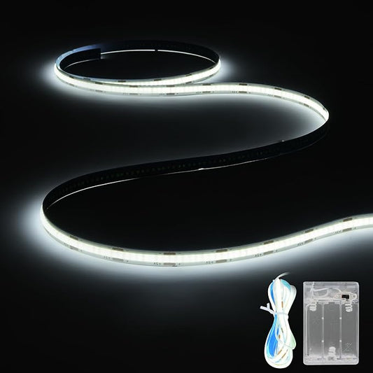 Battery Powered COB LED Strip Lights,3.28ft White LED Light Strip for Dorm Room, Under Bed, Shelves, TV Backlight, Closet, Small Cuttable Tape Lights, Small Battery Operated LED Lights for TV