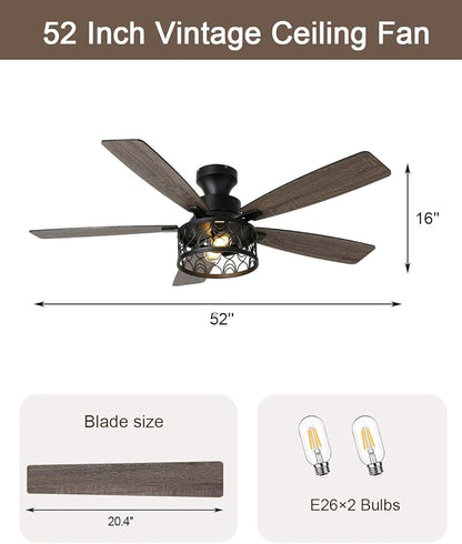 52 Inch Farmhouse Ceiling Fan with Lights Remote Modern Caged Chandelier Fan Rustic Fandelier, 5 Dual Blades, Reversible Quiet DC Motor 6 Speeds for Bedroom Patio (Metal Cage)