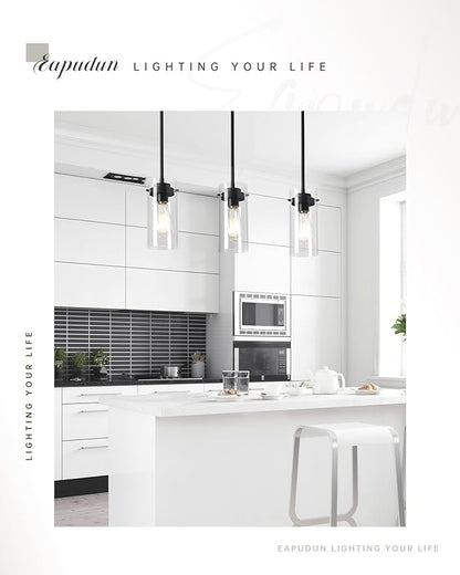 EAPUDUN Pendant Lights (2 Packs), Hanging Lights Fixtures, Clear Glass Shade Kitchen Lighting, Matte Black Farmhouse Kitchen Dining Table Ceiling Lights -PDA1353-B-MBK