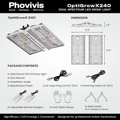 OptiGrowX240 LED Grow Light for Indoor Plants, Full Spectrum with Veg Bloom Control, Optical Lens Design, High Efficiency, High PPFD Output for 2x2 3x3 Grow Tent