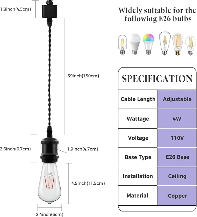 6 Pack RGB Pendant Light for Holiday Decor - H Type Track Compatible White Fixture, E26 Base with RGB Filament Bulbs, Ambient Lighting for Fun Creative Spaces