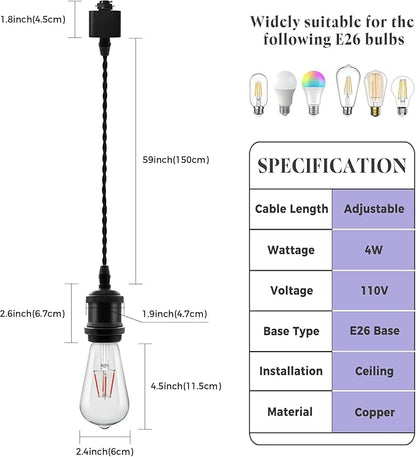 6 Pack RGB Pendant Light for Holiday Decor - H Type Track Compatible White Fixture, E26 Base with RGB Filament Bulbs, Ambient Lighting for Fun Creative Spaces