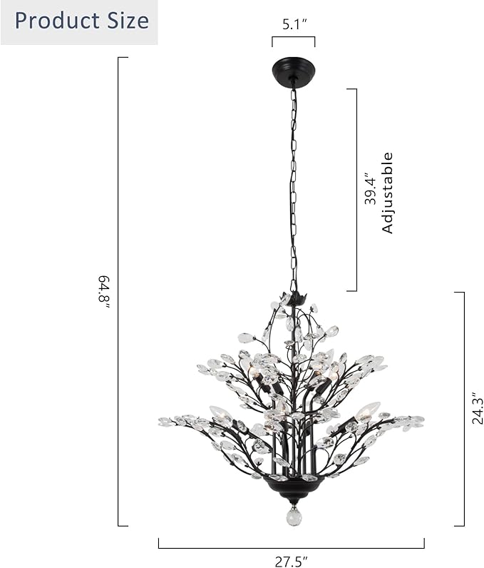 Maxax Vintage Crystal Branch Chandeliers, 8-Light Adjustable K9 Crystal Pendant Hanging Lighting Ceiling Light Fixtures Chandeliers for Dining Room, Living Room, Bedroom, Porch, 27.5in, Black