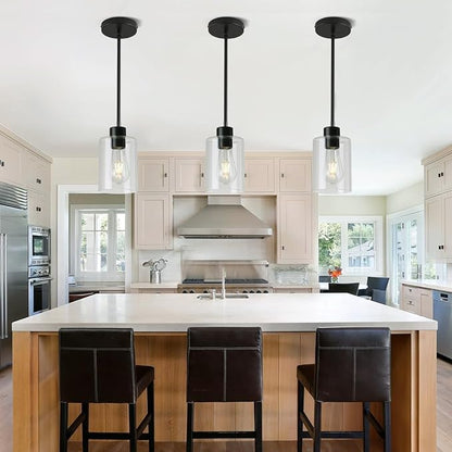 3 Pack Black Pendant Lights Kitchen Island, Modern Industrial Matte Black Hanging Light Fixtures, Adjustable Downrod Farmhouse Glass Pendant Lighting for Dining Room Bedroom Hallway Entryway
