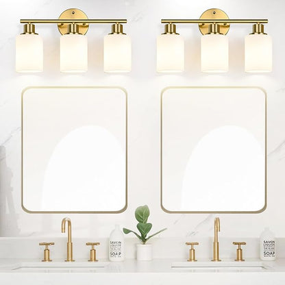 Zarbitta 3-Light Bathroom Light Fixtures, Brushed Gold Vanity Light, Farmhouse Wall Lights with Milky White Frosted Glass Shades, Bathroom Wall Lamp for Mirror Kitchen Bedroom Hallway Living Room