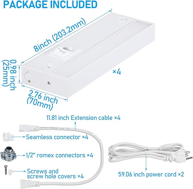 TORCHSTAR 4-Pack 8 Inch LED Under Cabinet Lighting 5CCT, ETL T24, 6W 450LM, Hardwired & Plug-in, 5 Color Selectable CRI90 120V Dimmable Under Counter Lights for Kitchen, White Aluminum Housing