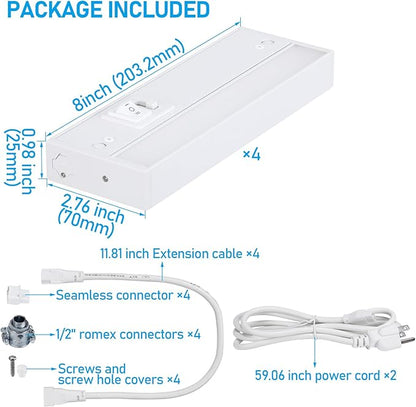 TORCHSTAR 4-Pack 8 Inch LED Under Cabinet Lighting 5CCT, ETL T24, 6W 450LM, Hardwired & Plug-in, 5 Color Selectable CRI90 120V Dimmable Under Counter Lights for Kitchen, White Aluminum Housing
