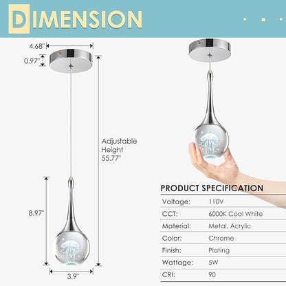 CHYING Pendant Lights Kitchen Island Chrome Modern LED Pendant Light Globe Jellyfish Pendant Lighting Mini Crystal Hanging Light for Dining Room Bathroom Bedroom Bar 6000K Cool White