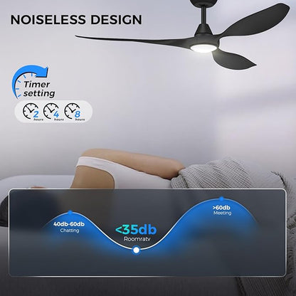 Roomratv Ceiling Fans with Lights and Remote Control,Quiet Noiseless Reversible DC Motor,6 Speeds,Timers, 3 CCT, Indoor Use, Plastic Blades,52 Inch Black Ceiling Fan Smart APP Control for Living Room