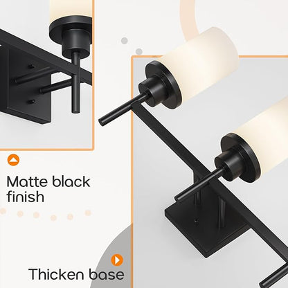 Bathrom Light Fixtures Matte Black 3 Lights Over Mirror, Wall Sconces Lighting with White Frosted Glass Shade for Toilet Washroom Bath T001MB-L3