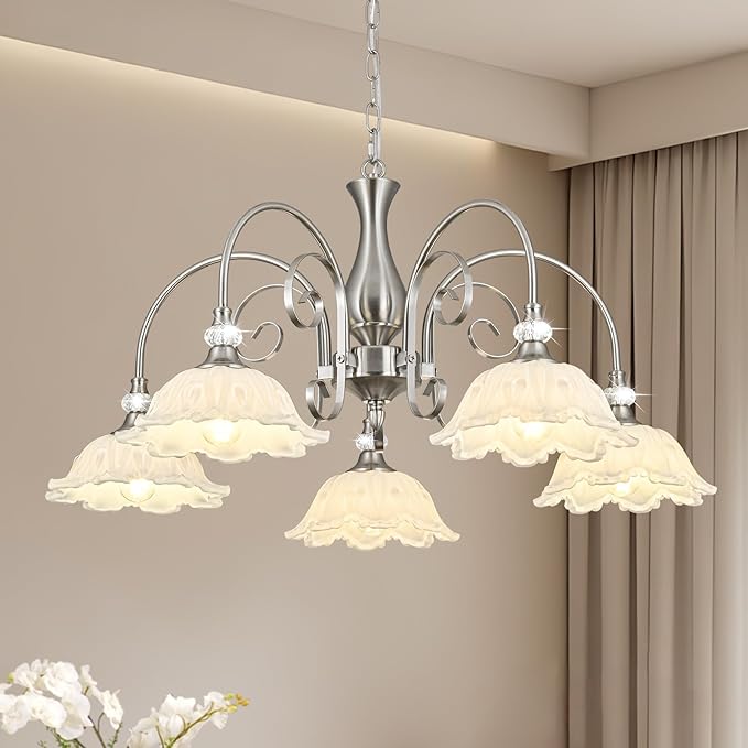 5-Light Chandeliers in Brushed Nickel Finish with White Glass Shades, Brushed Nickel Chandelier Light for Dining Room,Hallway,Kitchen