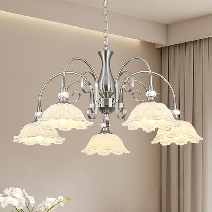 5-Light Chandeliers in Brushed Nickel Finish with White Glass Shades, Brushed Nickel Chandelier Light for Dining Room,Hallway,Kitchen