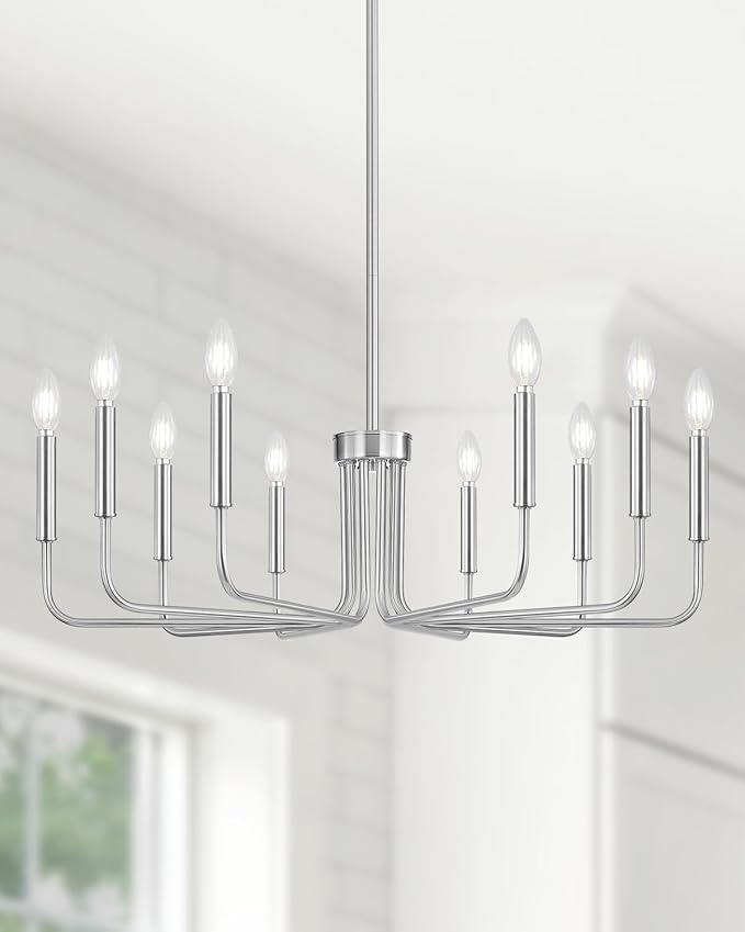 Yunnix 10 Light Brushed Nickel Chandelier, 33" Extra Large Modern Farmhouse Hanging Fixture - Sleek Silver Chandelier Dining Room Light for Kitchen Island, Living Room, Hall, Foyer